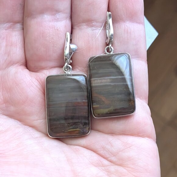 NWT Russian Russia Sterling Silver 925 Brown Petrified Wood Earrings & Ring Set - Picture 9 of 16